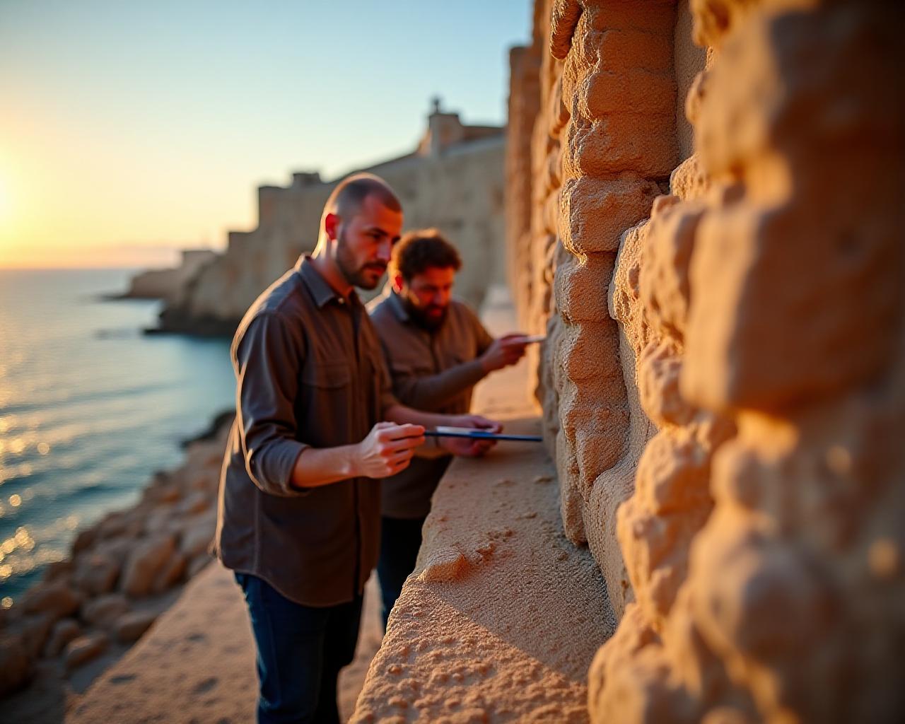 Specialisti al lavoro nel restauro di una struttura storica costiera